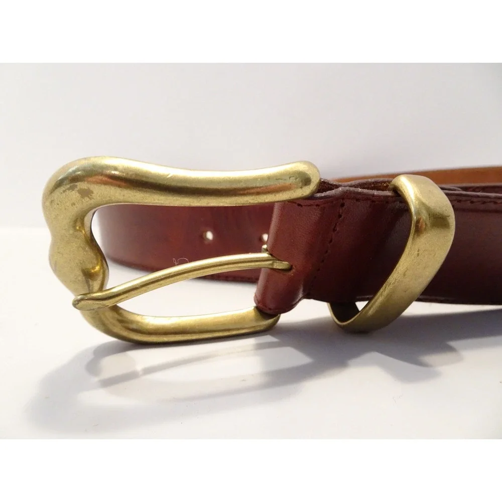 Fossil Womens Brown Genuine Leather Belt Brass Wavy Buckle Size M Runs Small